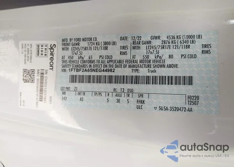 2022 Ford F-250 Xl из США, поврежденный, VIN 1FTBF2A65NEG44982